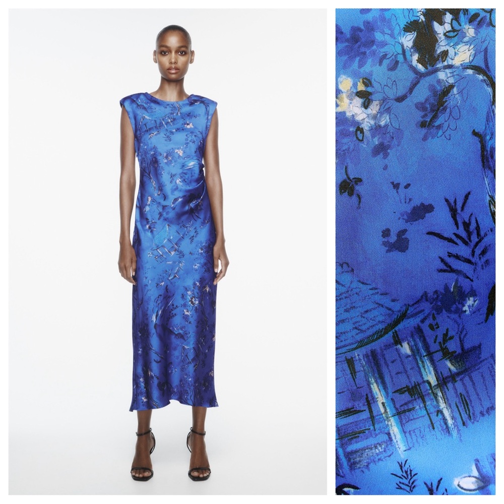 NWT. Zara Blue Satin Effect Printed Sleeveless Midi Dress. Size M.